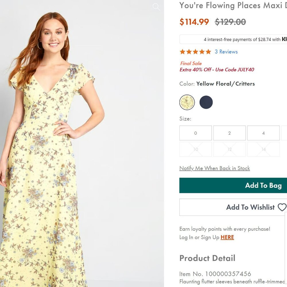 NWT - Modcloth Yellow Floral/Dragonfly Maxi Dress - Size 0
